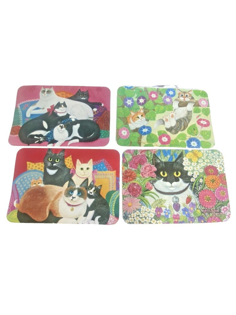 Vintage Folk Art Style Cat Kitty Flower Placemats Decor Made in Italy Lot of 4